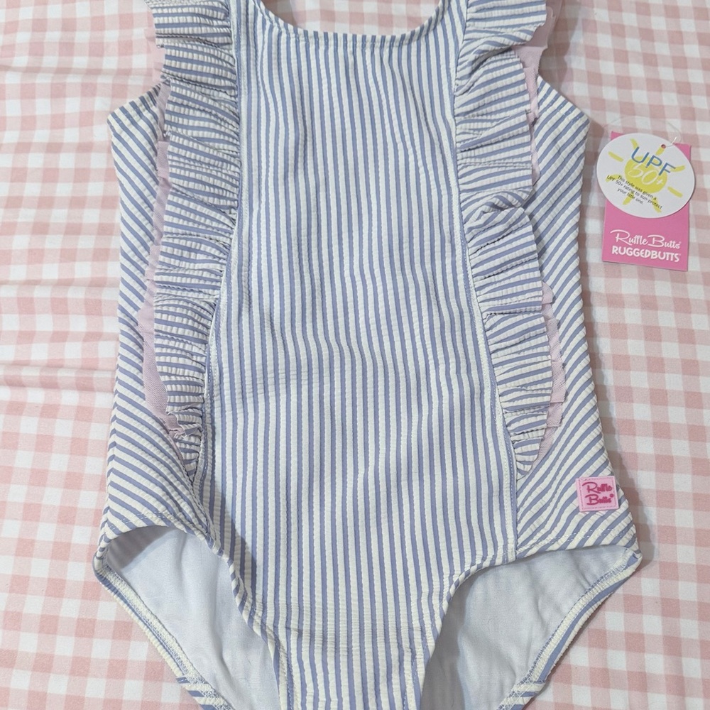 RuffleButts Striped Ruffle Swimsuit girls.